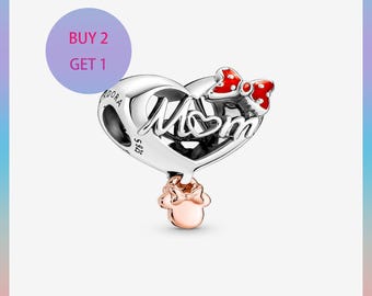 Minnie Mouse Mom Heart Charm,Charms for bracelet,Silver Charm,Pandora Charm