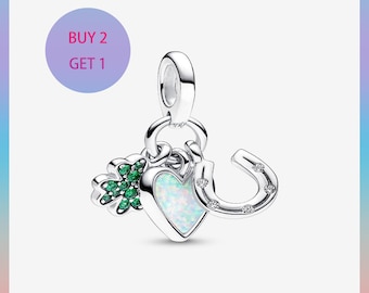 Four Leaf Clover, Heart and Horseshoe Triple Dangle Charm,Charms for bracelet,Silver Charm,Pandora Charm