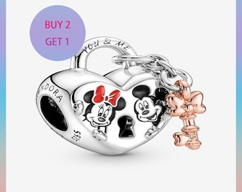 Mickey Mouse & Minnie Mouse Padlock Charm,Charms for bracelet,Silver Charm,Pandora Charm