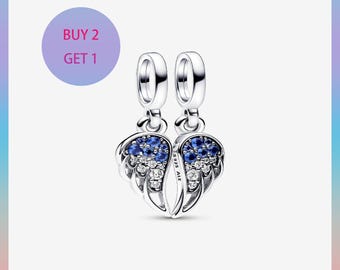 Sparkling Splitable Angel Wings Dangle Charm,Charms for bracelet,Silver Charm,Pandora Charm