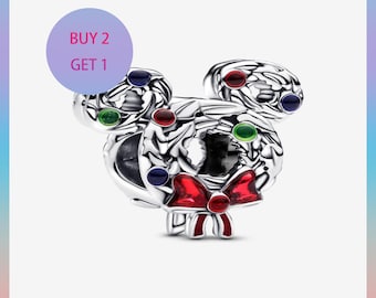 Mickey Mouse Christmas Wreath Charm,Charms for bracelet,Silver Charm,Pandora Charm
