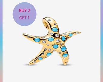 Błyszcząca niebieska zawieszka w kształcie rozgwiazdy, zawieszki do bransoletek, zawieszki srebrne, zawieszki Pandora
