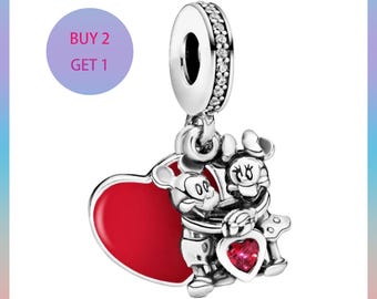 Mickey & Minnie Mouse Love Heart Dangle Charm, 925 Sterling Silver
