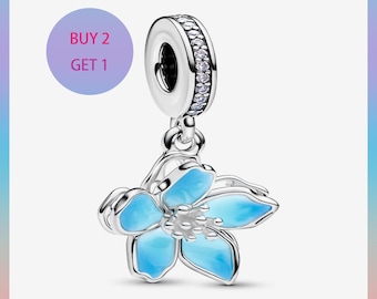 Blue Cherry Blossom Dangle Charm: Fits Pandora Bracelet Jewelry