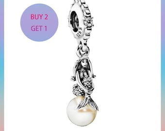Charm colgante de La Sirenita Ariel y Perla, Charms para pulsera, Charm de plata, Charm Pandora