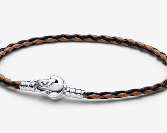 パンドラ シルバー / グレー編み込みレザーブレスレット、パンドラ