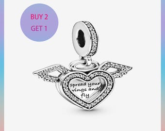 Heart and Angel Wings Dangle Charm,Charms for bracelet,Silver Charm,Pandora Charm