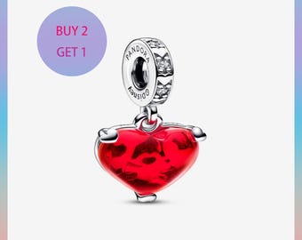 Kiss-bedel Mickey en Minnie Mouse, rood muranoglas, sterlingzilver