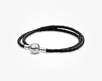 Moments Double Black Leather Bracelet,925 Sterling Silver