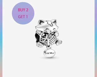Sterling Silver Kitten & Yarn Ball Charm, Bracelet Charm
