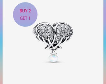 Sparkling Angel Wings & Heart Charm,Charms for bracelet,Silver Charm,Pandora Charm