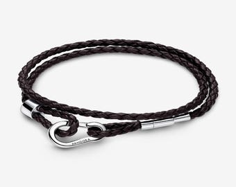 Pulsera de cuero trenzado doble marrón Moments, plata de ley 925
