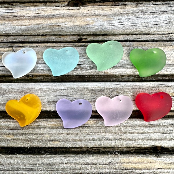 2 Pieces Cultured Sea Glass Puffed Heart Drilled - 18mm Colour Options