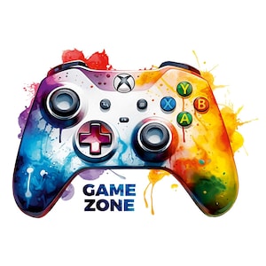 Peut inclure: Une manette Xbox colorée avec un effet aquarelle. La manette présente un centre blanc avec le logo Xbox et des boutons colorés. Les mots "GAME ZONE" sont imprimés en bas.