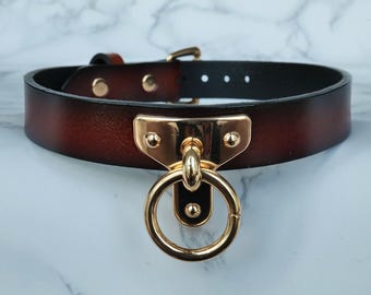 Gothic Choker Necklace for Women, Deep Brown Leather O-Ring Collar with Removable Chain, Adjustable Punk Rock Jewelry, Unique Gift for Her