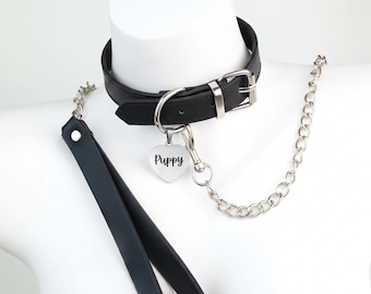 Personalized Heart Tag Leather Collar, Black Choker with Silver Chain Leash, Custom Engraved Punk Gift for Her
