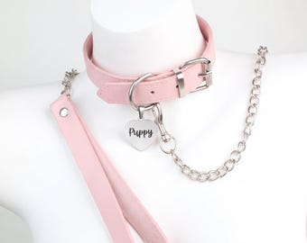 Personalized Heart Tag Leather Collar, Silver Chain Leash, Custom Engraved Punk Gift