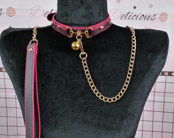 Collare punk gotico bordeaux, girocollo in pelle con testa di gattino cava e campanellino, collana da giorno regolabile