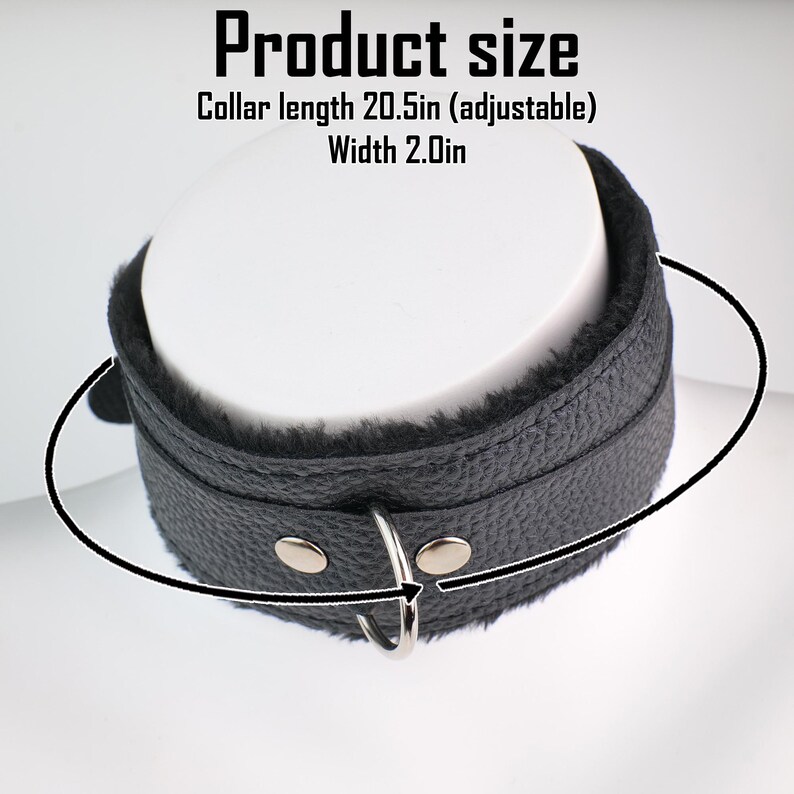 May include: Black leather collar with a soft, plush interior. The collar has a metal ring and adjustable length of 20.5 inches. The width of the collar is 2.0 inches. The text "Product size" is at the top of the image.