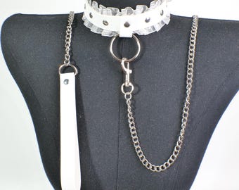 White Leather Ruffled O-Ring Choker, Gothic Punk Chain