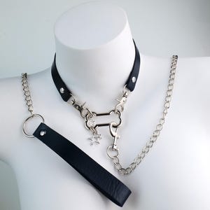 Dog Bone and Star Black Leather Collar | Adjustable Chain Choker - Punk Necklace | Gift for Her | Cosplay & Everyday Accessory