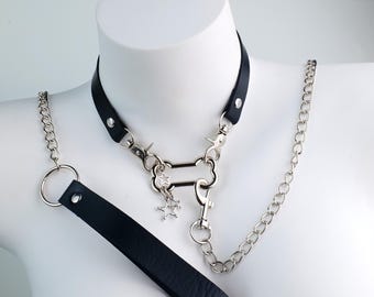 Dog Bone and Star Black Leather Collar | Adjustable Chain Choker - Punk Necklace | Gift for Her | Cosplay & Everyday Accessory