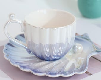 Gradient Seashell Ceramic Cup Set | Pearl Handle Coffee Mug with Saucer | Birthday & Christmas Gift for Her Tea Cup