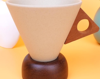 Nordic Ceramic Conical Coffee Mug with Wooden Base | Minimalist Funnel Tea Mug | Barista Gift | Modern Nordic Home Decor