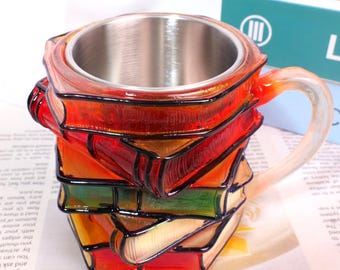 3D Resin Stacked Book Design Stainless Steel Mug, Stacked Book Coffee Mug, Gift for Book Lovers, Literary Desktop Decoration, Reading Mug