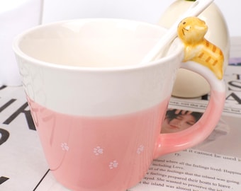 Adorable 3D Cat Ceramic Mug | Creative Animal Cup | 10oz Coffee Mug | With 3D Cat-Shaped Handle | Birthday Gift for Friends