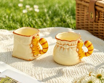 Cute Orange Cat Ceramic Mug Set, 3D Kitty Handle Coffee Cup, Milk Yellow Paper Bag Style Mug, Kawaii Tea Cup for Cat Lover Gift