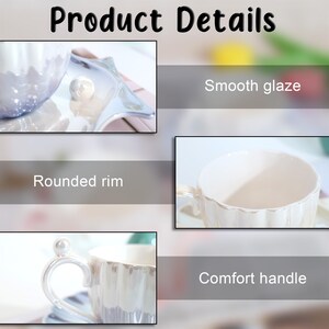 May include: Product details of a teacup and saucer set. The set features a smooth glaze, rounded rim, and comfort handle. The set is white with a pearl-like finish. The text "Product Details" is at the top of the image.