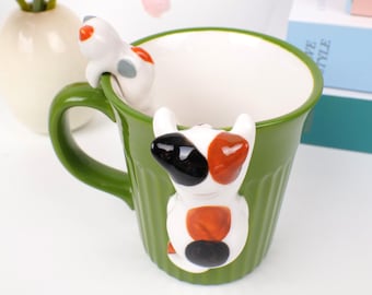 Cute Cat Mug with Spoon, Ceramic Cat Lover Mug, 3D Cat Climbing Mug, Animal Coffee Mug Gift, Kawaii Milk Mug, Birthday Gift