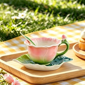 May include: A pink and green ceramic teacup and saucer set shaped like a flower. The teacup has a matching spoon and sits on a leaf-shaped saucer. The set is on a wooden tray, with a yellow checkered tablecloth in the background.
