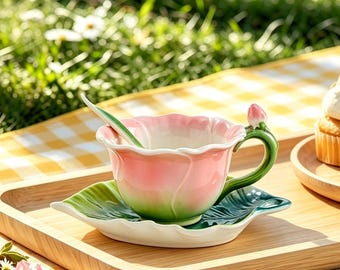 May include: A ceramic teacup and saucer set in pink and green, designed to resemble a flower. The teacup has a matching spoon and rests on a leaf-shaped saucer. The set is on a wooden tray, with a yellow checked tablecloth in the background.