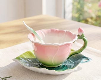 Colorful Flower Coffee Mug, Sculpted Rose Ceramic Cup with Leaf Saucer, Home Floral Drinkware, Gift for Her