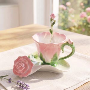 May include: A ceramic tea cup and saucer set shaped like a blooming rose. The cup features a pink petal design with a green stem handle and a matching spoon topped with a small rosebud. The saucer includes a sculpted pink rose accent.