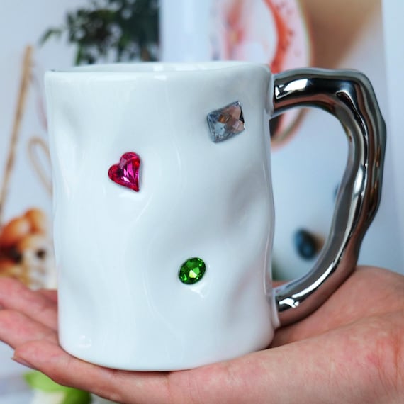 Iridescent Coffee Mug, Diamond Inlaid Ceramic Mug, Bubble Handle