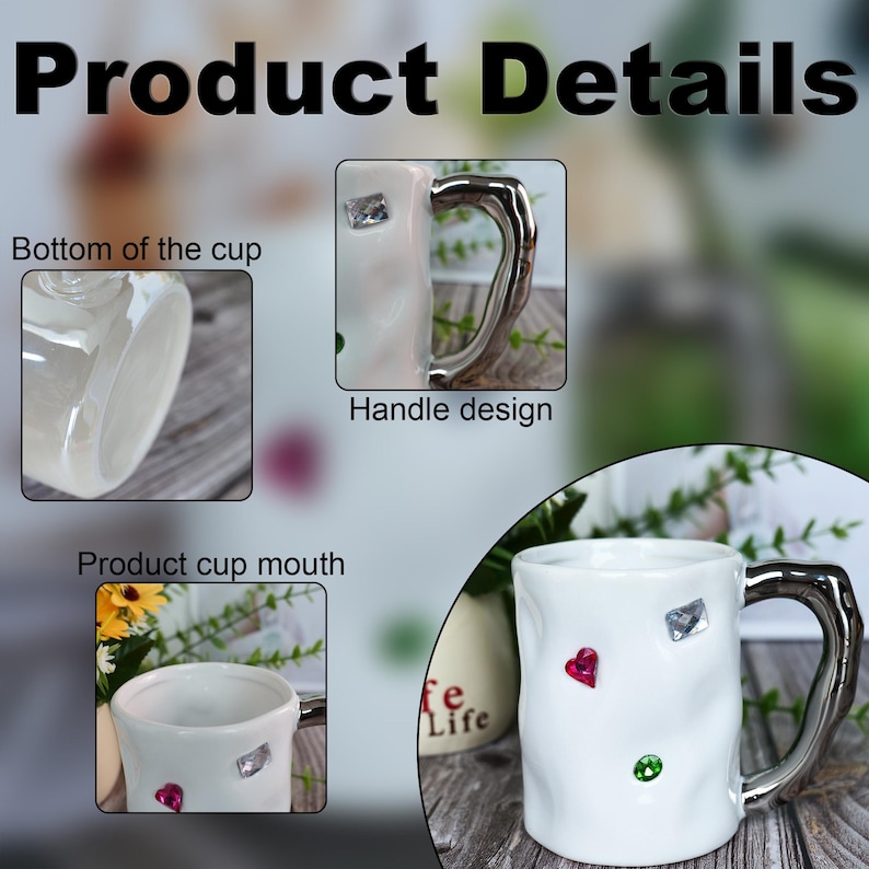 May include: White ceramic mug with a textured surface, silver handle, and decorative gems. The mug features a heart, a square, and a round gem. The image also shows details of the cup's bottom and mouth.