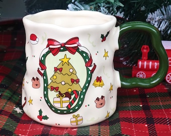 Taza de cerámica con diseño de muñeco de nieve navideño pintado a mano / Taza de café con diseño de árbol de Navidad / Taza de regalo de Navidad / Regalo de Navidad / Decoración navideña