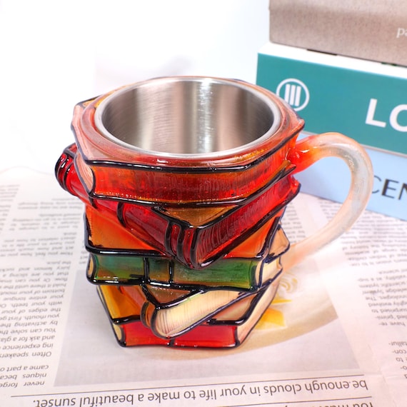 3D Resin Stacked Book Design Stainless Steel Mug, Stacked Book Coffee Mug, Gift for Book Lovers, Literary Desktop Decoration, Reading Mug