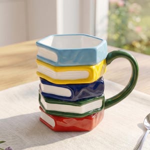Op de afbeelding: Een keramische mok in de vorm van een stapel van vijf boeken met een glanzende afwerking. De boeken zijn van boven naar beneden lichtblauw, geel, donkerblauw, groen en rood gekleurd. De mok heeft een donkergroen handvat aan de zijkant.