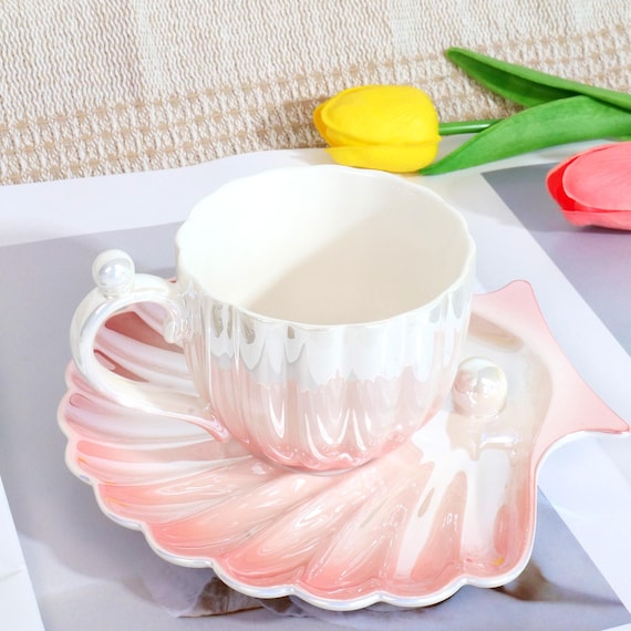 Pearl Accent Gradient Shell Coffee Cup & Saucer Set, Ceramic Tea Cup with Pearl Details, Afternoon Tea Set, Bridesmaid Gift