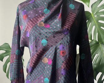 Vintage Abstract Silk Blouse | 90s Geometric Print Top | Multicolor Silk Button Shirt | Statement Long Sleeve Blouse
