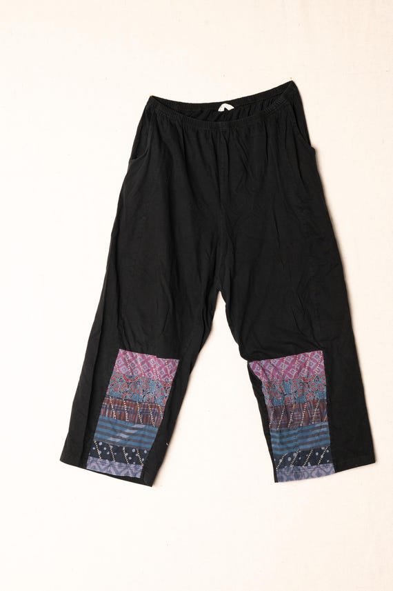 Black Patchwork Cropped Pants | Elastic Waist Tro… - image 1