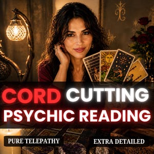 May include: A set of tarot cards held in a hand, featuring illustrations of the sun, stars, and figures. The image includes the text CORD CUTTING PSYCHIC READING, PURE TELEPATHY, and EXTRA DETAILED, with a lit candle and a lamp in the background.