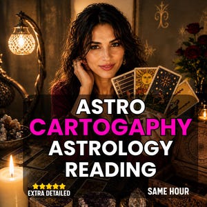 May include: A person holding four tarot cards featuring celestial imagery, with text overlay reading ASTRO CARTOGRAPHY ASTROLOGY READING, EXTRA DETAILED, and SAME HOUR. The scene includes a lit candle, a lamp, and crystals on a dark surface.