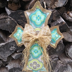Handmade Turquoise Moroccan with White Moroccan Burlap Bow Burlap Cross Door Hanger / Free Shipping