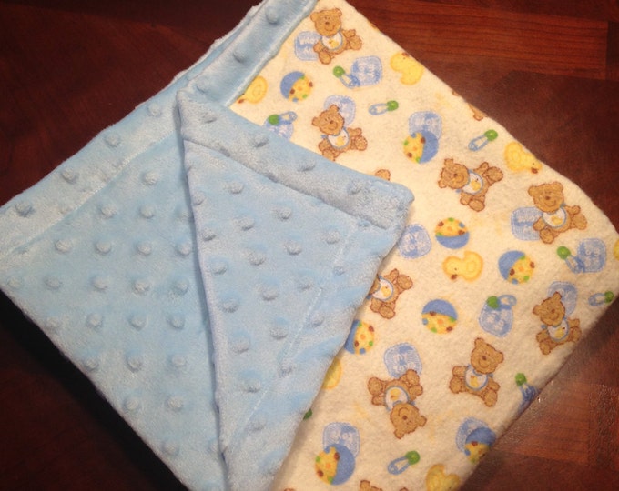 Baby Blue Minky Baby Blanket With Teddy Bears Flannel Fabric 32x39