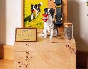 Custom Wood Dog Urn, Personalized Pet Memorial Box, Handcrafted Clay Statue